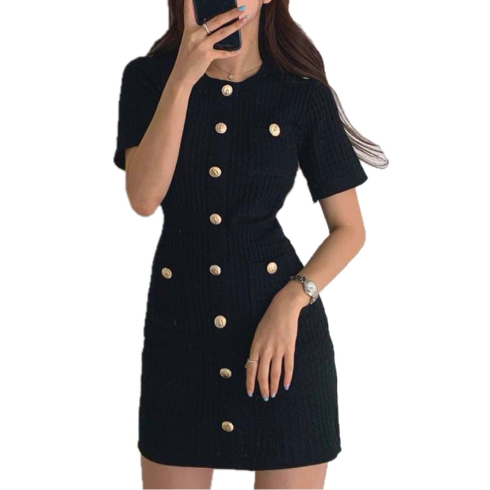 GOODNIGHT MACAROONS Black Button Mini Dress- Size Small